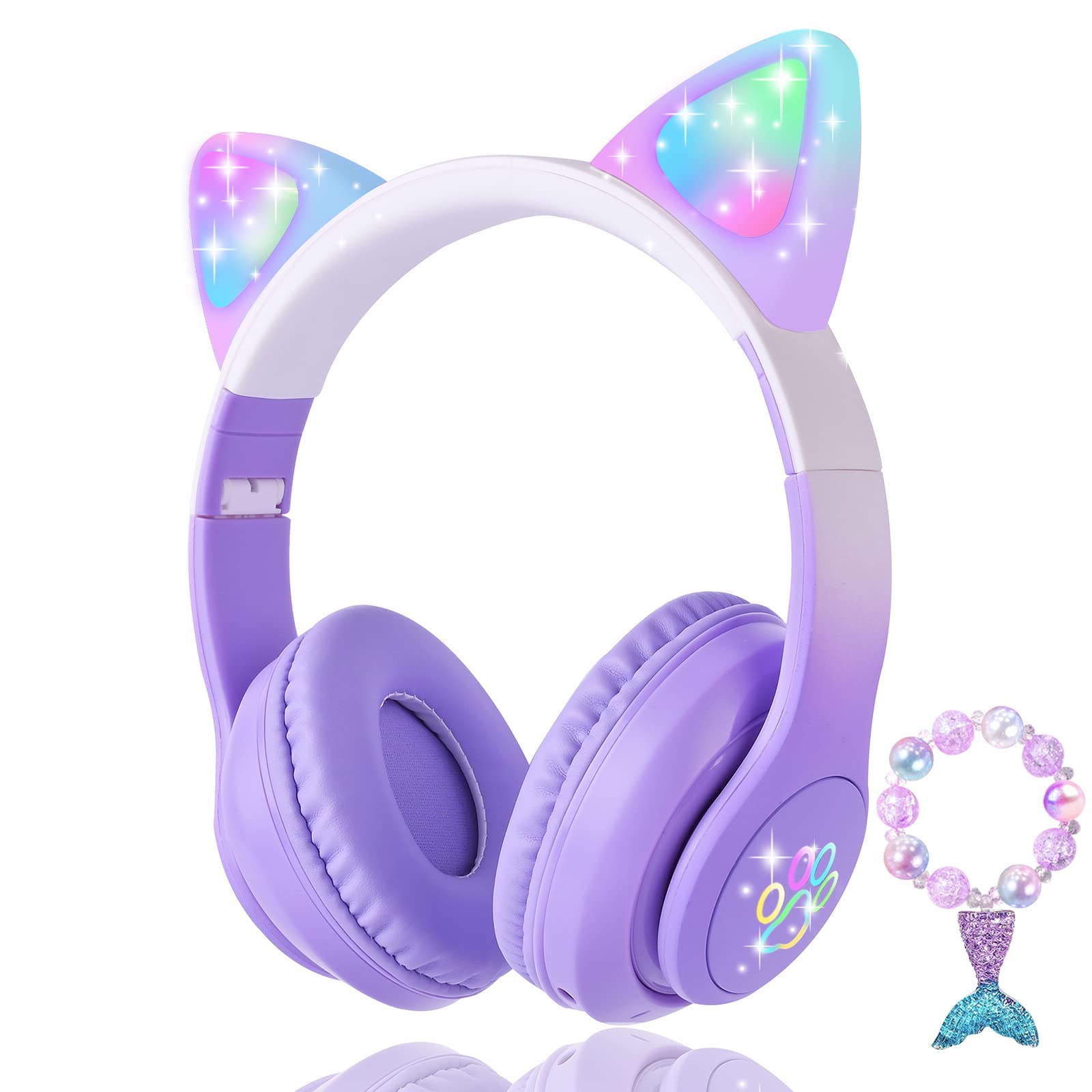 Fones De Ouvido Koraba Cat Ear Kids Bluetooth Led Claro Roxo