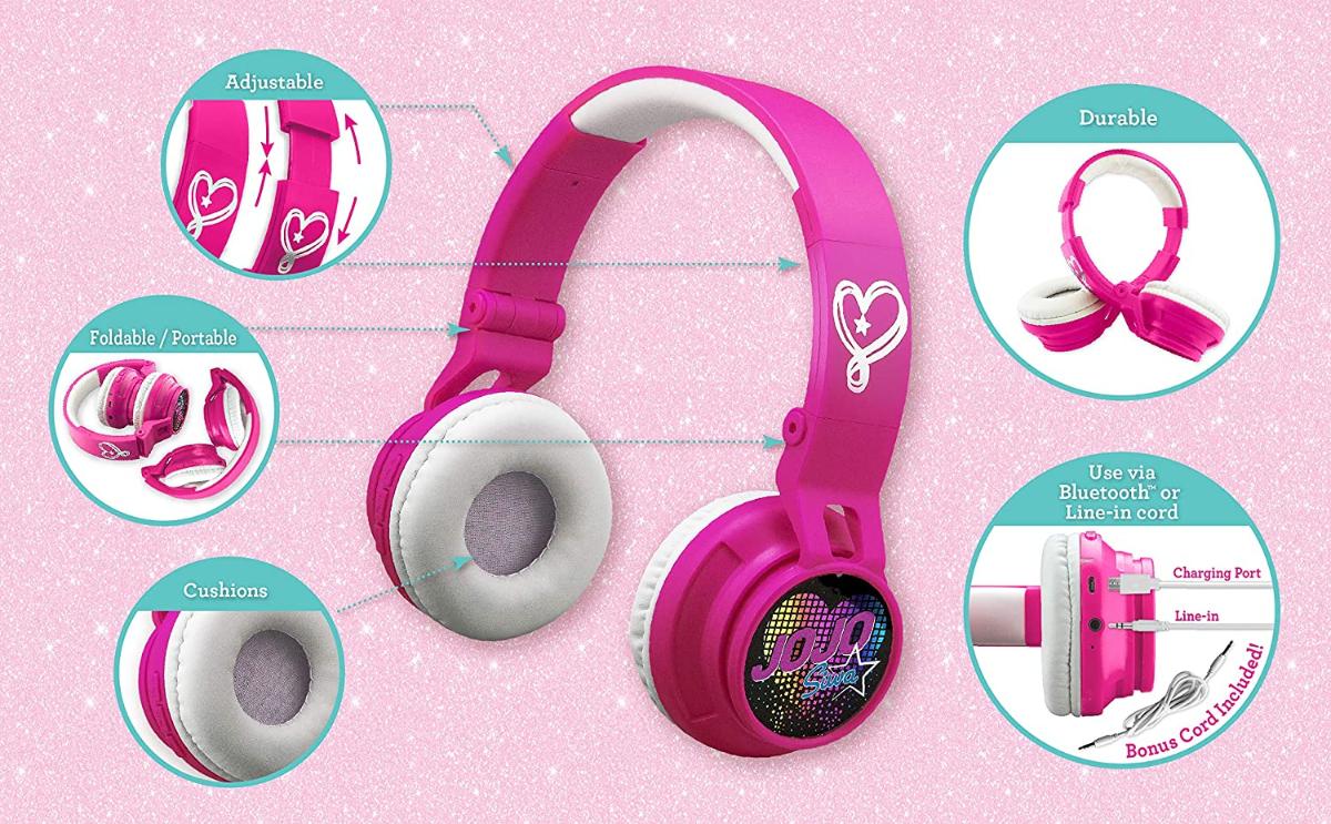 JoJo Siwa Kids Fones de ouvido Bluetooth para fones de ouvido Bluetooth recarregáveis sem fio com som amigável para crianças de microfone e cabo dest