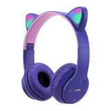 Fones De Ouvido Bluetooth Cat Ear Led Com Microfone Roxo Para Crianças