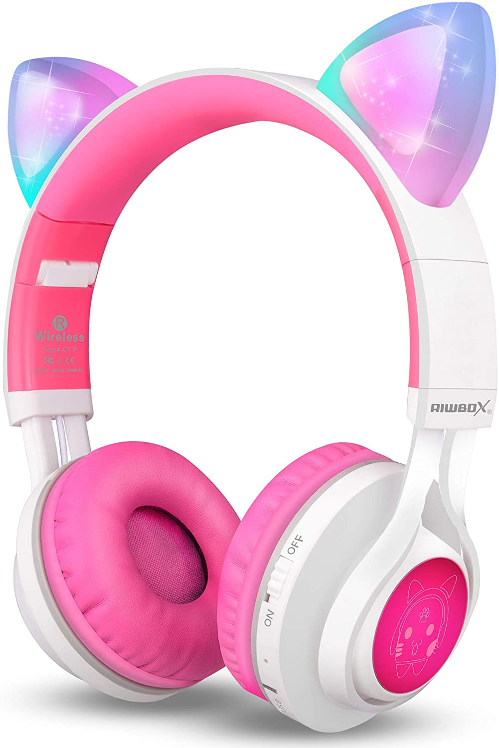 Fones De Ouvido Bluetooth Riwbox Ct-7 Cat Ear Led Sem Fio Dobráveis (branco E Rosa)