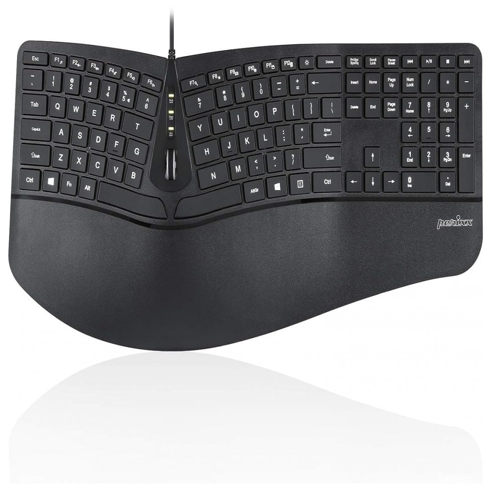 Teclado Ergonomico Com Fio Recarregavel Reduz A Tensao Das Maos Com Descanso De Pulso Ajustavel, Perixx 11700, Preto