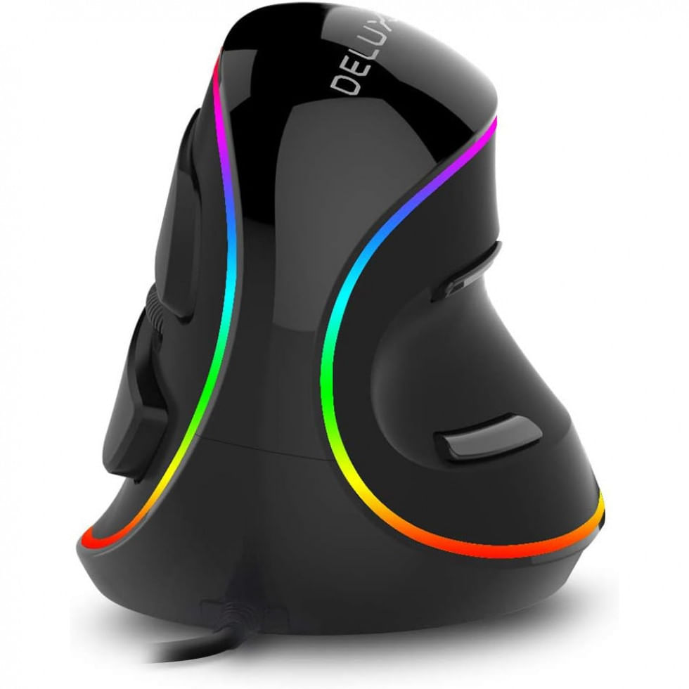 Mouse Ergonomico Vertical Com Fio Reduz A Tensao Do Pulso, 800, 4000 Dpi 6 Botoes, Delux M618plus Rgb, Preto