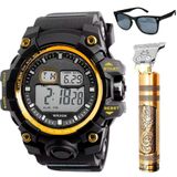 Relogio Digital Dourado + Oculos Sol Robusto Presente Dourado Casual Preto Original Esportivo
