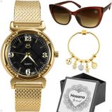 Relogio Feminino Dourado Aço + Caixa + Oculos Sol + Pulseira Presente Inoxidável Casual Ajustavel