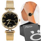 Relogio Feminino Dourado Banhado Aço Inox Silicone Caixa Fundo Preto Pulseira Moda