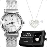 Relogio Feminino Aço Inox + Colar Amor Coração + Caixa Strass Transparente Qualidade Premium Moda