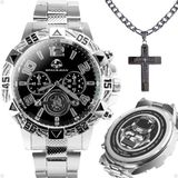 Relogio Masculino Aço Inox Prova Dagua + Cordão Crucifixo