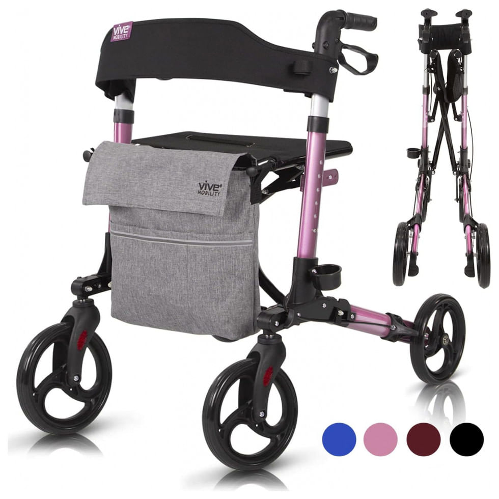 Andador Adulto Idoso Vive Mobility Com Assento E Super Leve, Suporta Ate 136 Quilos, Rosa