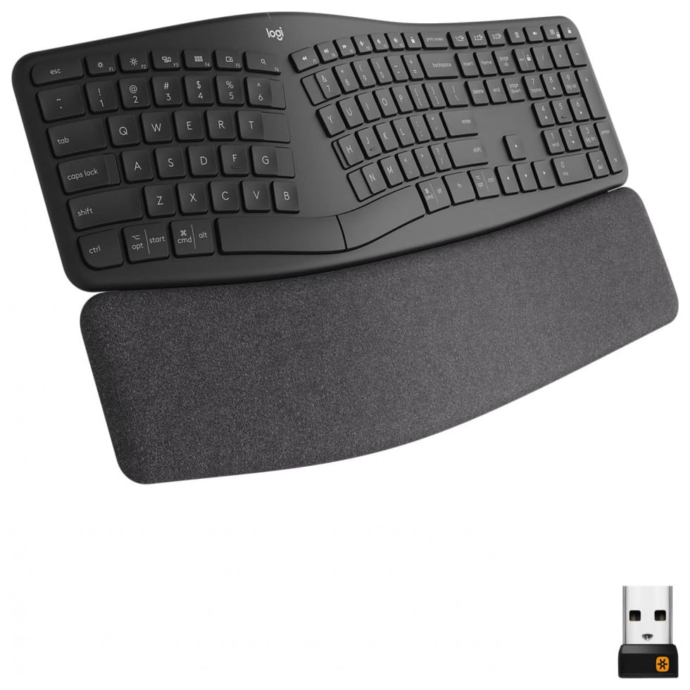 K860 Teclado Ergonomico Dividido Sem Fio Recarregavel Reduz A Tensao Das Maos Com Descanso De Pulso, Logitech 920 009166, Preto