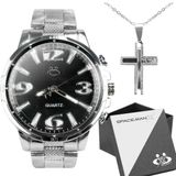 Relogio Masculino Aço Inox + Caixa + Cordão Pingente Cruz Qualidade Premium Social Original Casual
