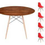 Conjunto Mesa Eames Eiffel Dsw Redonda Pau Ferro 90cm + 4 Cadeiras Eames Dsw - Vermelha