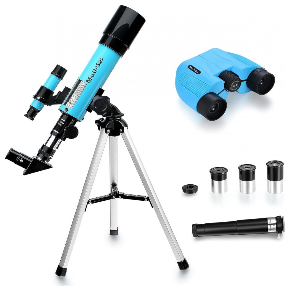 Telescópio Astronômico 8x21 Com Binóculos Hd, Mira Finder E 3 Oculares, Maxusee F36050, Azul Claro