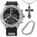 Relogio Masculino Aço Prata + Cordao Crucifixo + Pulseira Pulseira Ajustavel Social Presente Casual