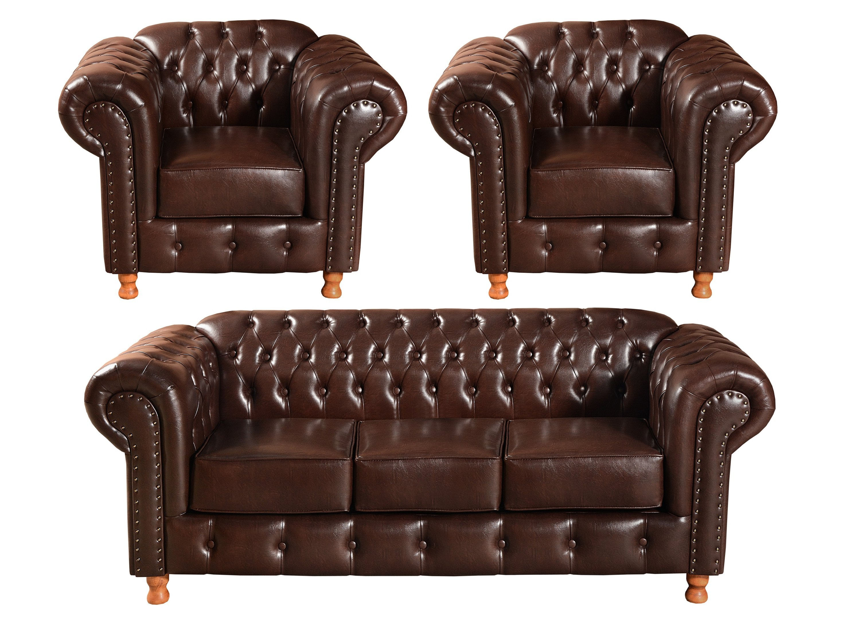 Conjunto De Sofá 3 Lugares E 2 Poltronas Chesterfield Luís Xv Café