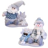 Jogo Papai Noel E Boneco De Neve Pelúcia Decorativo Base Madeira Saco Presentes Azul E Cinza 23cm