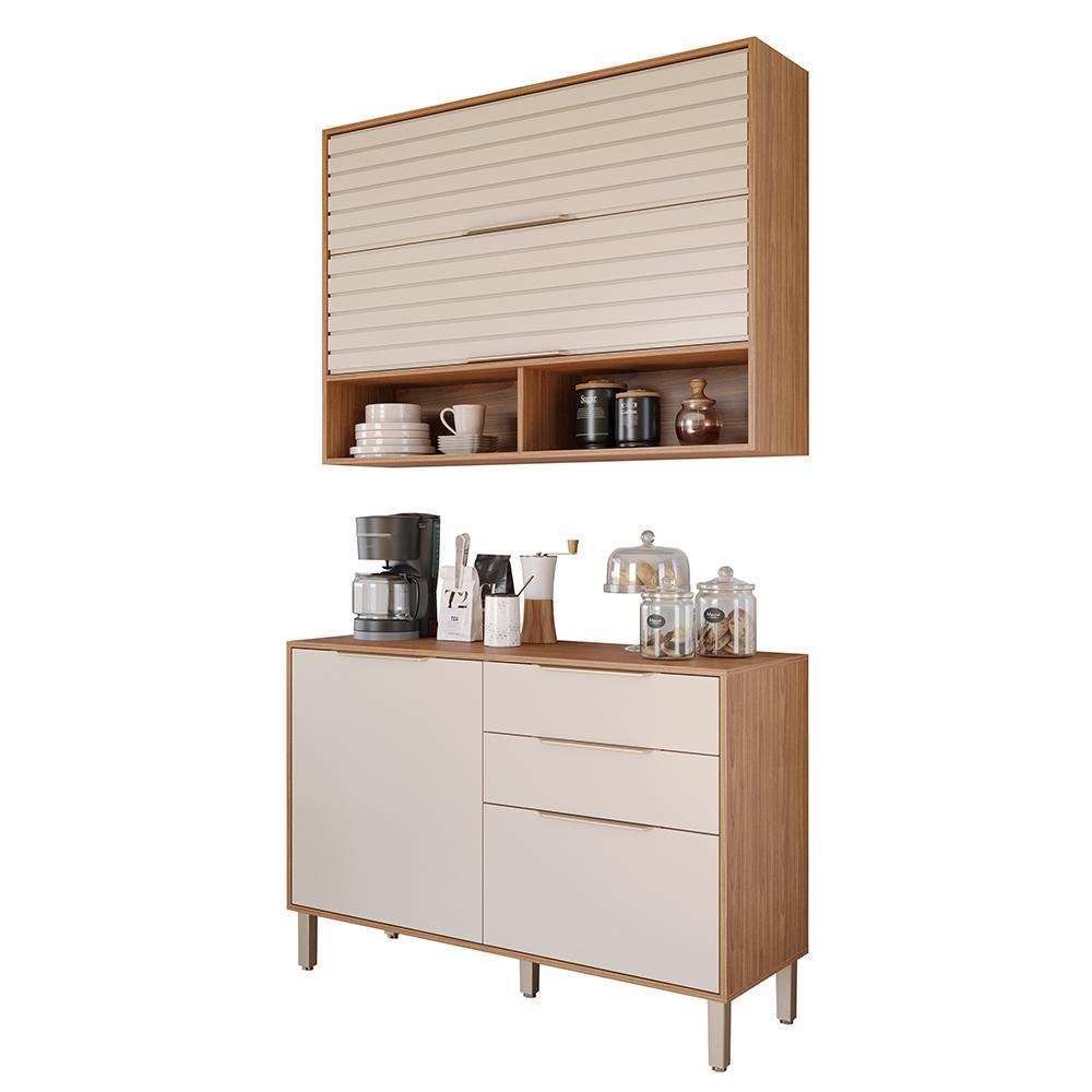 Cozinha Modulada Esplêndida 2 Peças Com Armário Aéreo E Balcão 120cm Freijó/off White - Mgm