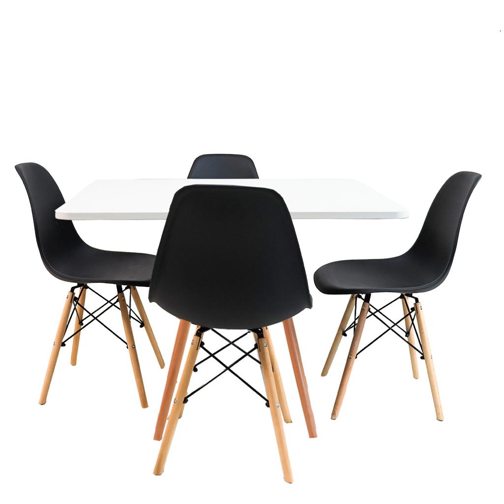 Conjunto Mesa Jantar Quadrada Eiffel 80cm Branca Mdf + 4 Cadeiras Charles Eames Pretas