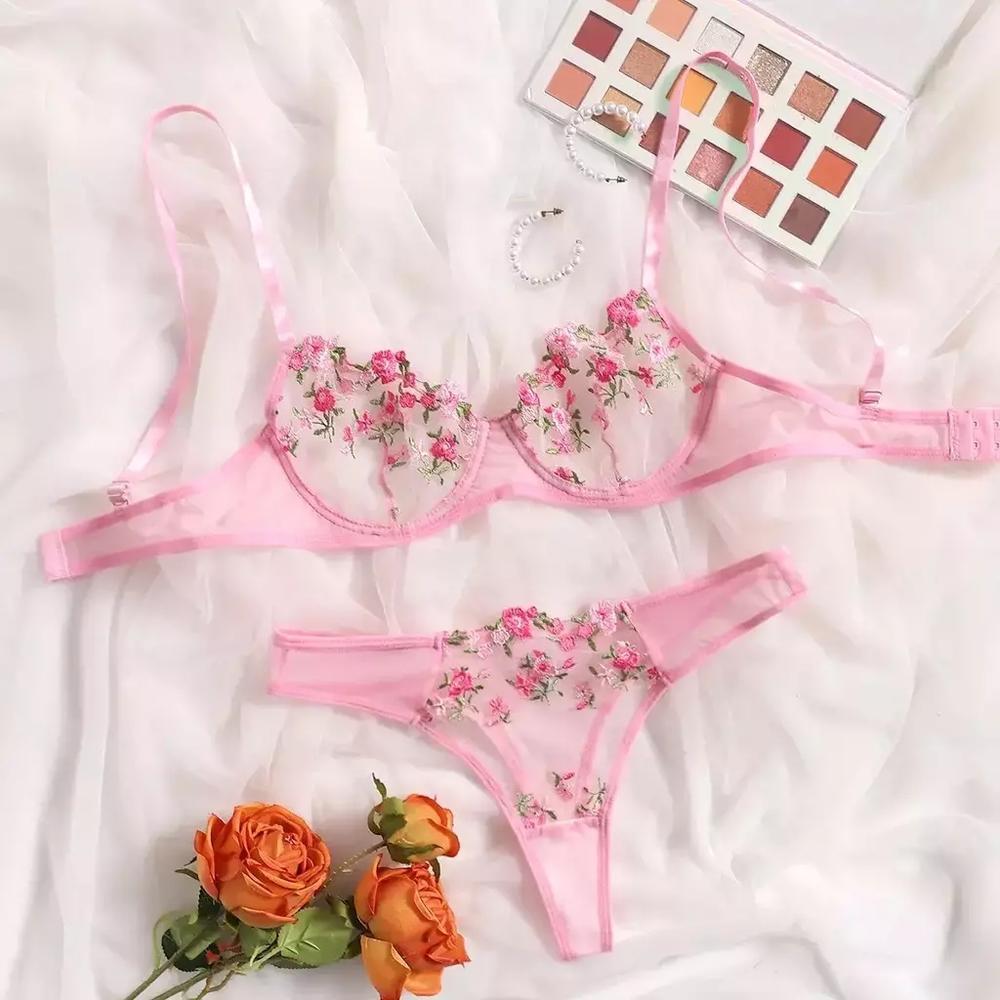 Conjunto Lingerie Bordado Floral Transparente Elashopp M Rosa