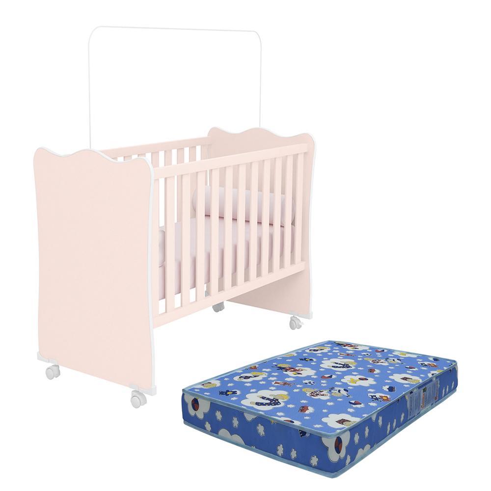 Berço Doce Sonho Rosa Acetinado Com Rodízios E Colchão Baby Physical - Qmovi