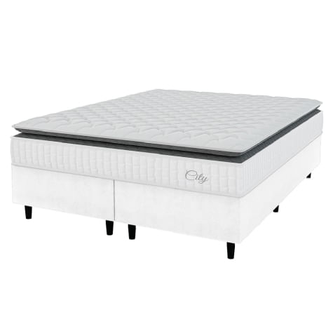 Cama Box Colchão Casal King Molas Ensacadas City Pillow Top 193x203x61cm Linho Branco / Cinza Hellen - Suporta Até 110kg Por Pessoa