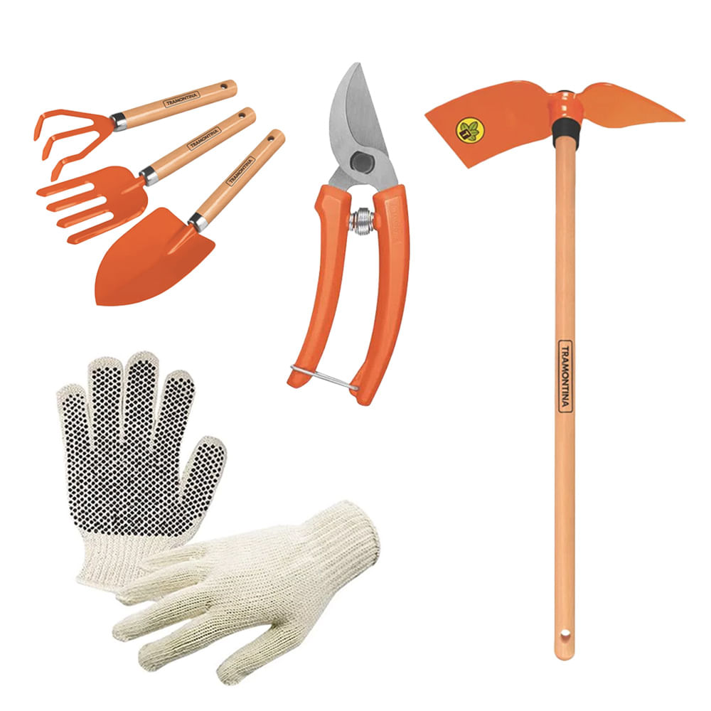 Kit Para Jardinagem Tramontina 6 Peças Tesoura De Poda Luvas Enxadinha Pás E Garfo Com Cabo De Madeira