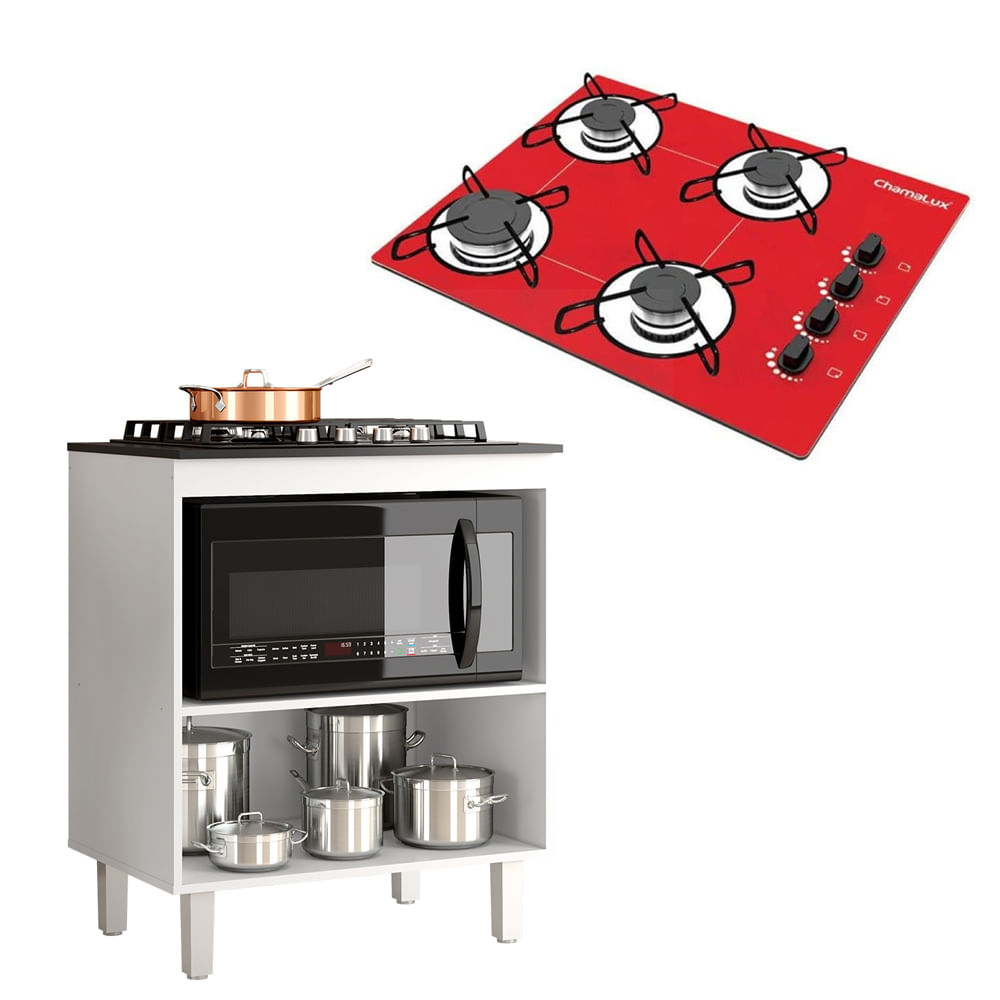 Kit Balcão Cooktop Zanzini Master Branco Sem Porta E Fogão Cooktop Ultrachama 4 Bocas Chamalux Vermelho Trempe Aramada