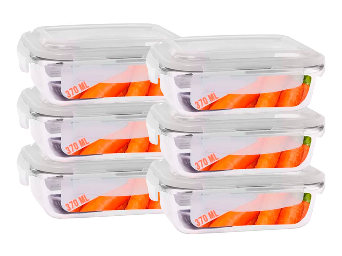 Kit 6 Pote Para Alimentos Hermético Marmita De Vidro Fit 370ml Com Borracha De Vedação E Trava Na Tampa