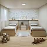 Quarto Infantil Com 2 Camas Solteiro Loop Tecido Corano E Mesa De Cabeceira 2 Gavetas Loop Amêndoa Clean/off White