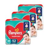 Fralda Descartável Pampers Supersec M - 3 Embalagens Com 52 Unidades - Total 156 Tiras