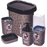Kit De Banheiro Mickey Lixeira + Porta Escovas + Porta Cotonete + Porta Sabonete Líquido + Saboneteira Plasutil