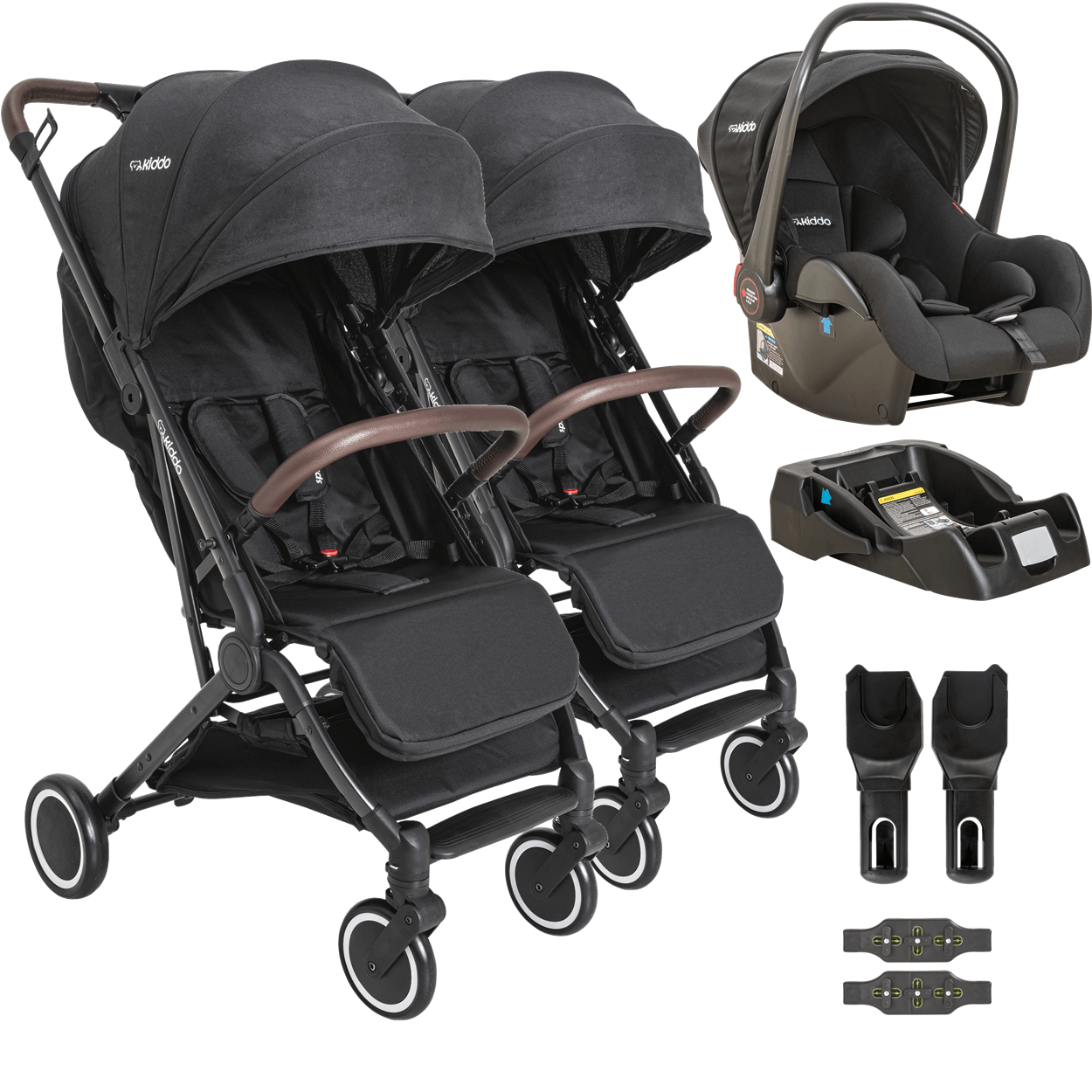 Carrinho Sprint Preto Para Gemeos Kiddo Com Bebe Conforto Base