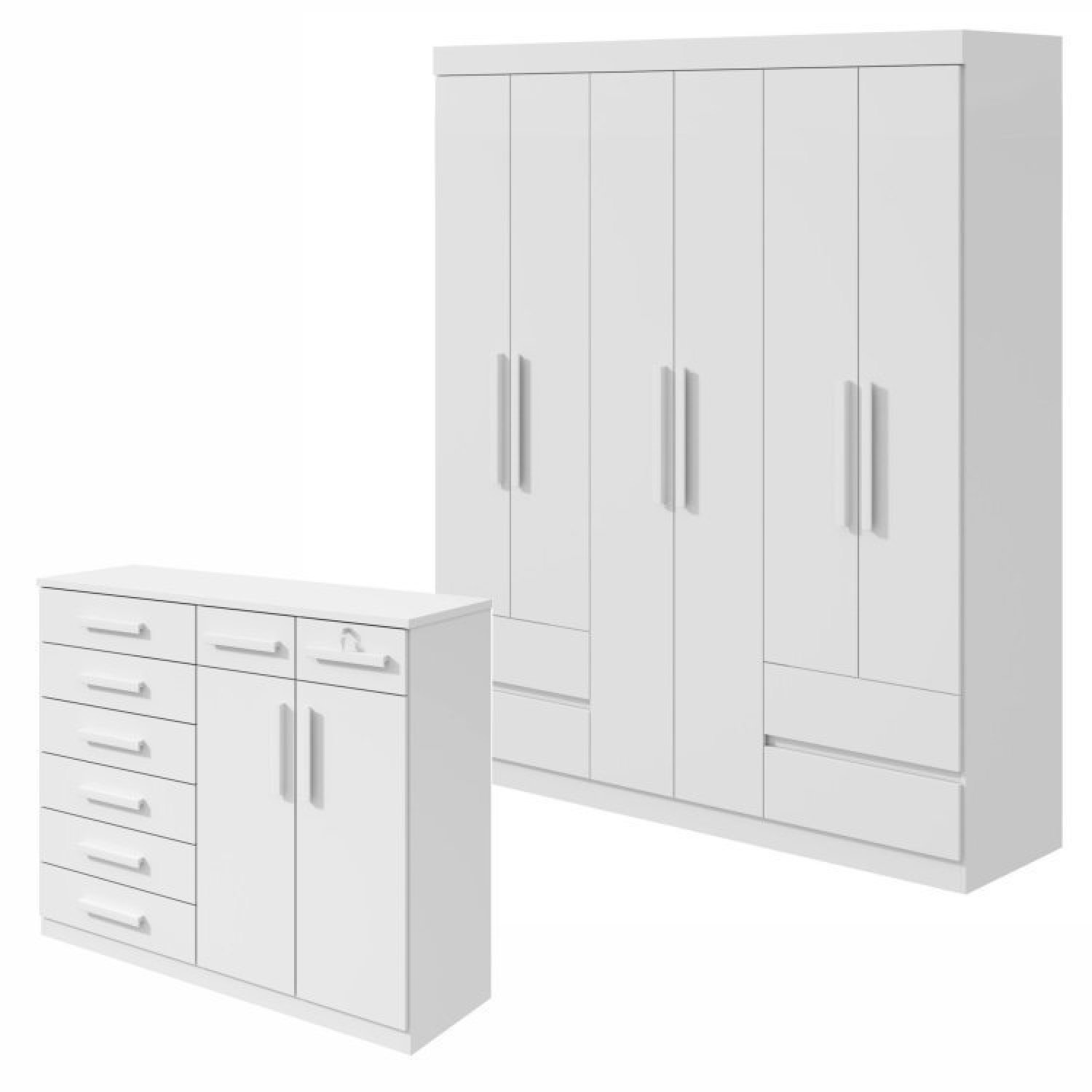 Conjunto De Guarda-roupa Casal 6 Portas 4 Gavetas Zeus e Cômoda 8 Gavetas 2 Portas Toronto Branco