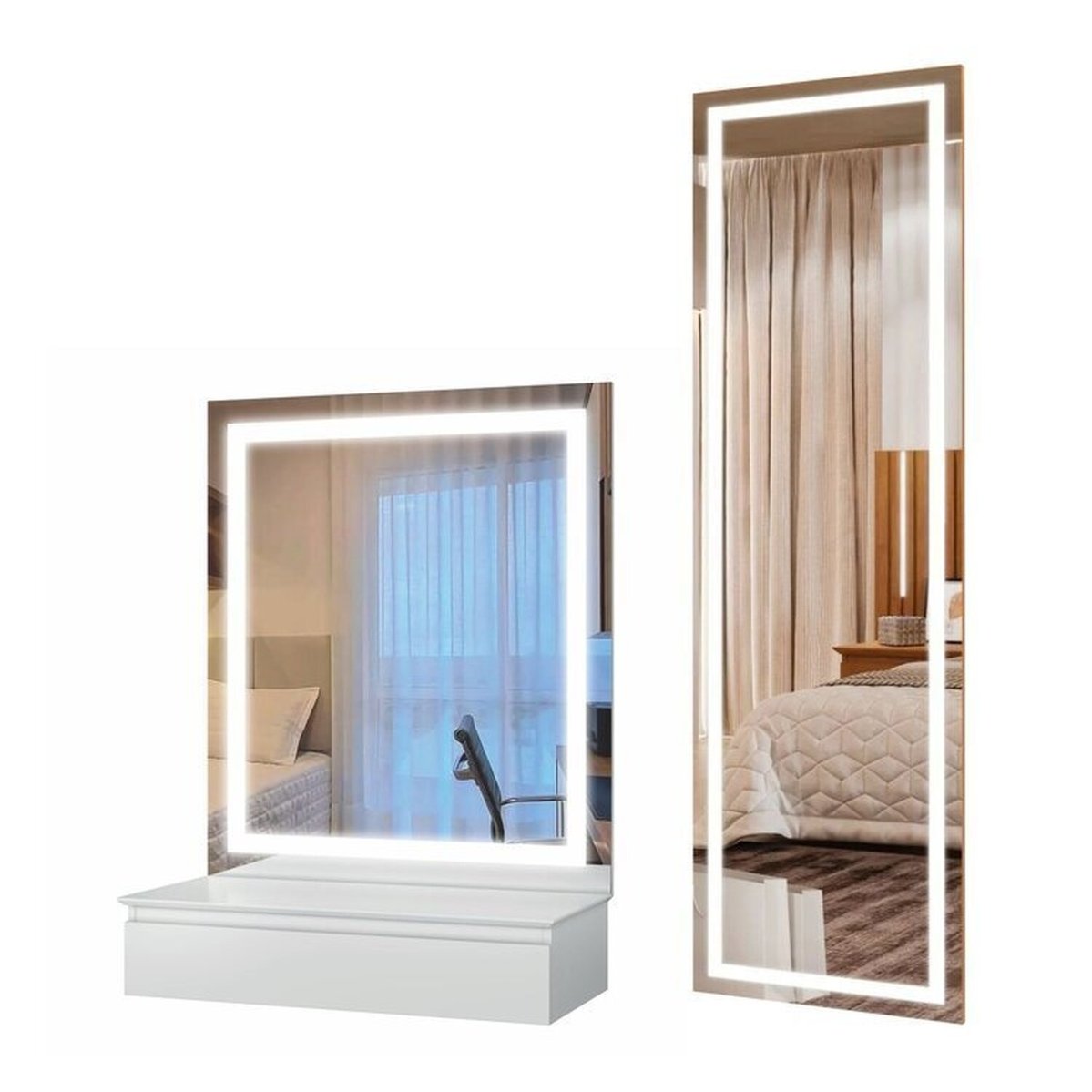 Conjunto Penteadeira Camarim 1 Gaveta 122x90cm Paris E Espelho Decorativo Iluminação Led 180cm Paris Branco