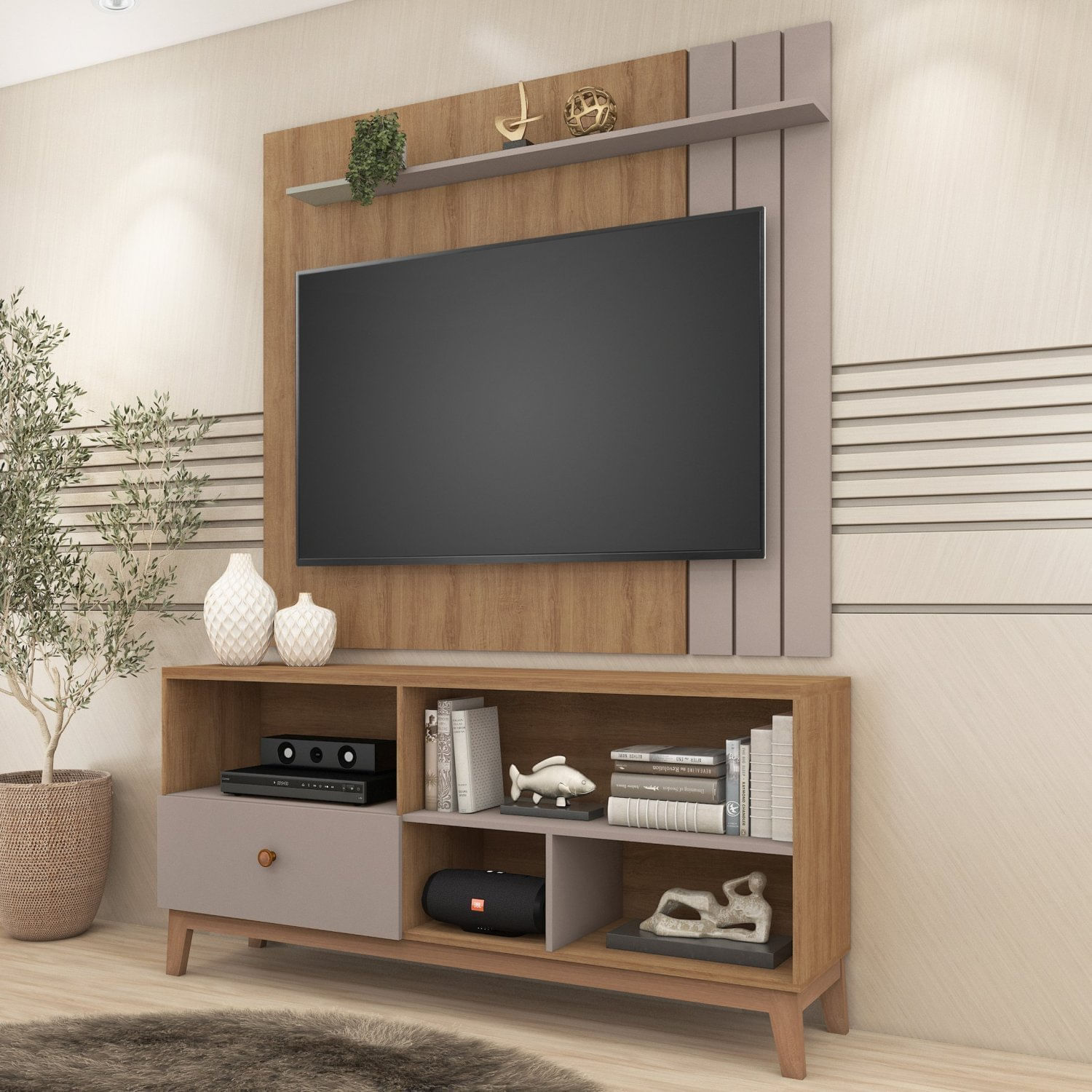 Rack Com Painel 160cm Rack 1 Porta Basculante E Painel Para Tv 65 Polegadas Loire Mel/fendi