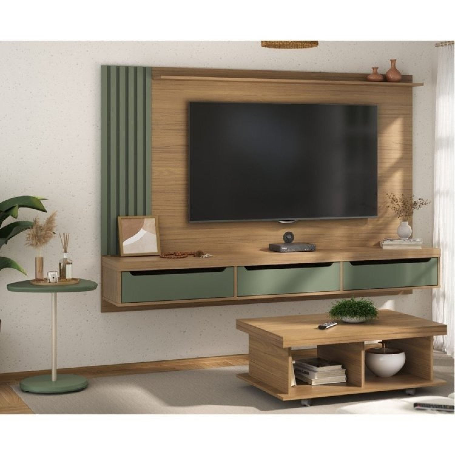 Conjunto Sala De Estar Painel Para Tv Até 75 Pol Madagascar Com Mesa De Centro Dunas E Mesa De Apoio Carvalho/menta