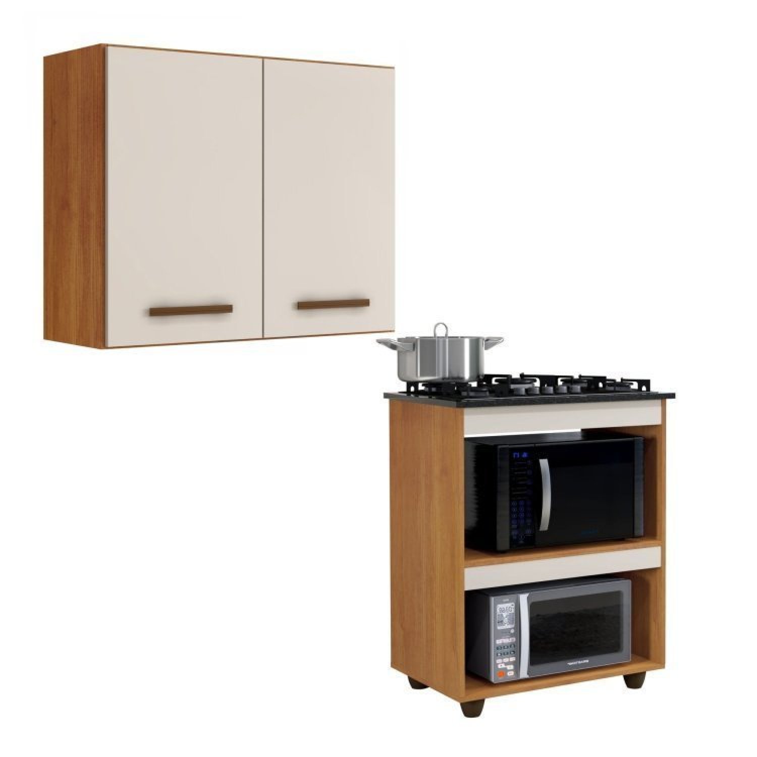 Conjunto Armário Aéreo De Cozinha 2 Portas E Balcão Para Cooktop 5 Bocas Para Forno Nature/off White