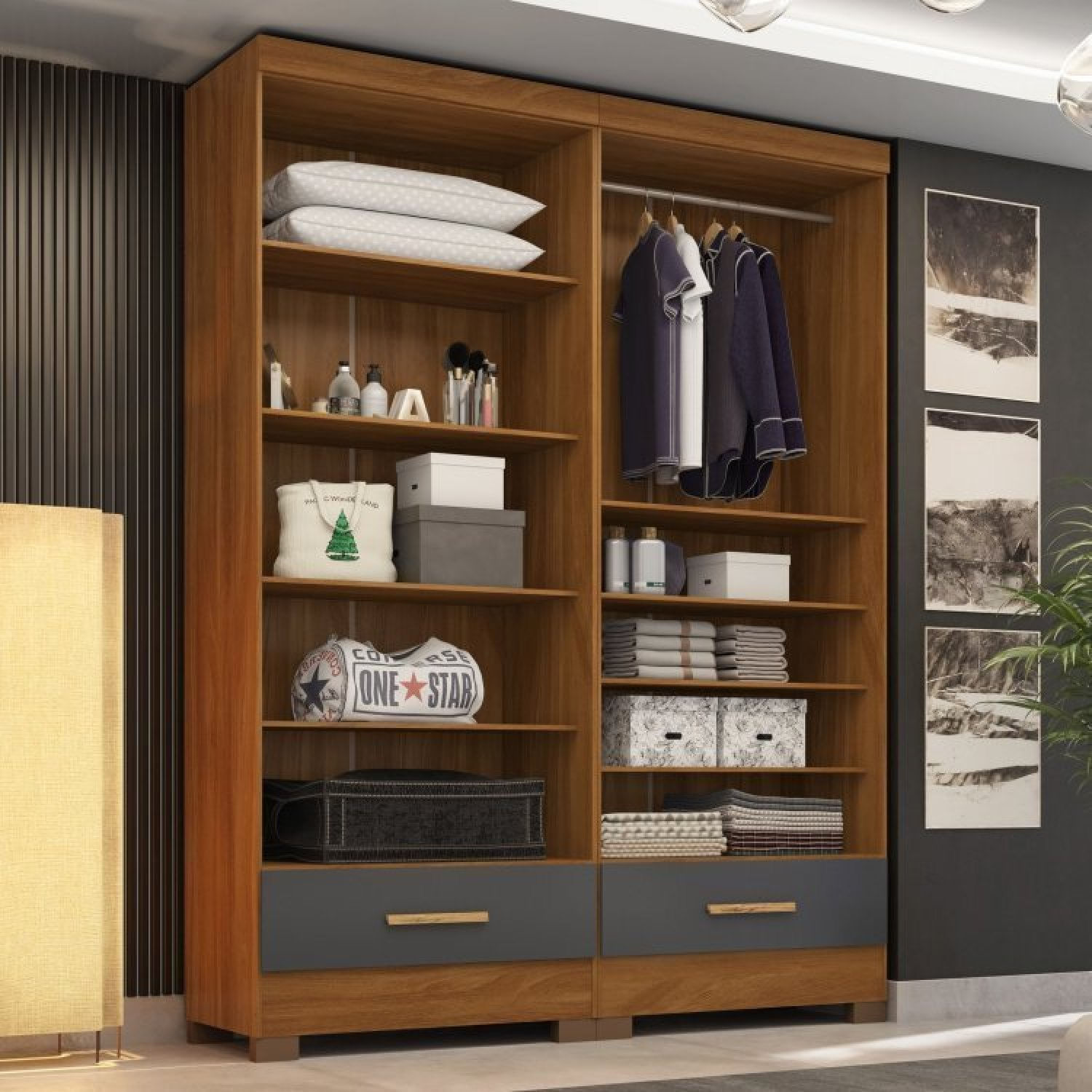 Closet Modulado 2 Peças 2 Gavetas Smart Versatile Espresso Móveis Cinamomo/cinza