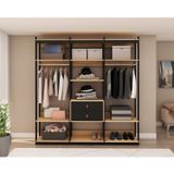 Conjunto Closet 3 Modulado Com1 Cabideiro E 4 Gavetas Com Puxador Em Courino Freijó/preto