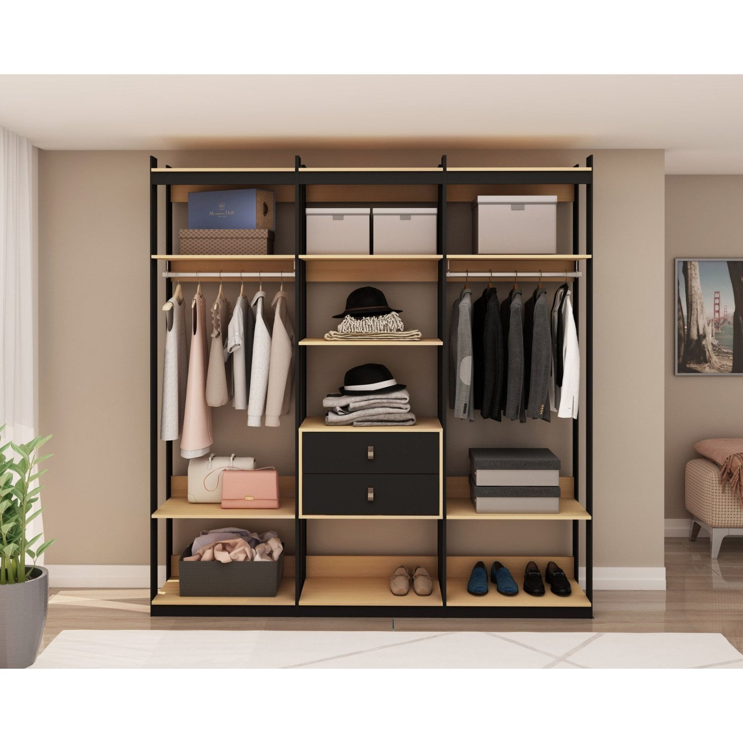 Conjunto Closet 3 Modulado Com1 Cabideiro E 4 Gavetas Com Puxador Em Courino Freijó/preto