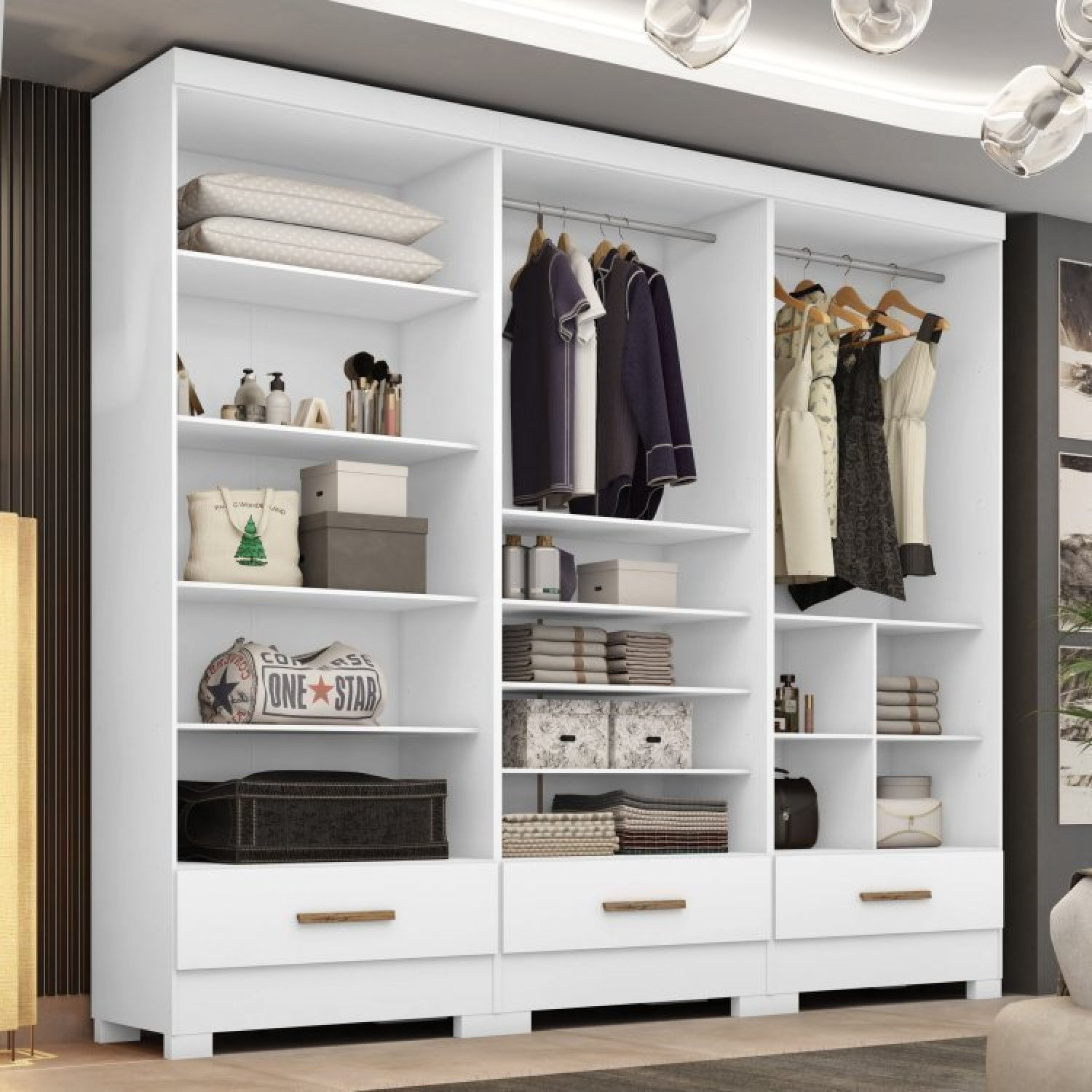 Closet Modulado 3 Peças 3 Gavetas Smart Versatile Espresso Móveis Branco