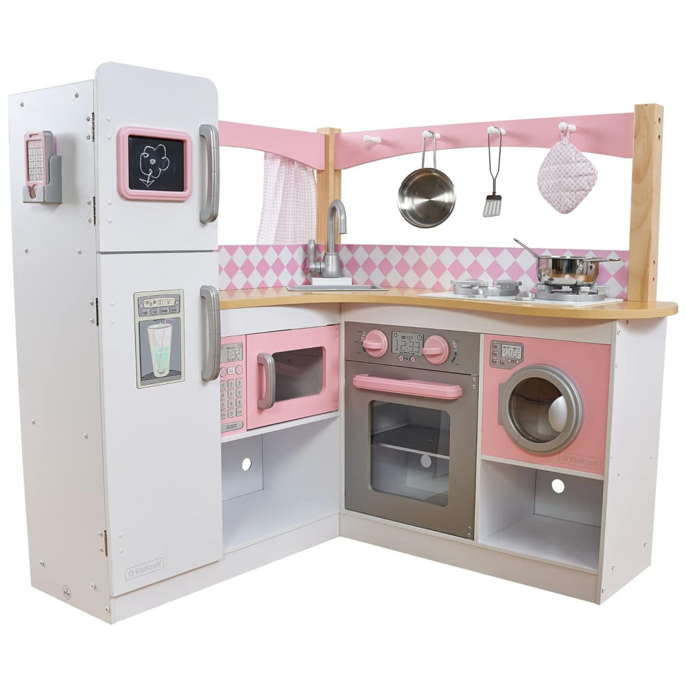 Cozinha Infantil Em Madeira Com Lavadora, Quadro Negro, Cortinas E 4 Acessórios Para Crianças Acima De 3 Anos, Kidkraft, Rosa