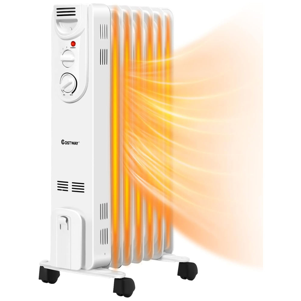 Aquecedor Elétrico A Óleo Portátil Com 3 Opções De Aquecimento, Proteção Contra Superaquecimento E Tombamento, 110v 1500w, Costway, Branco