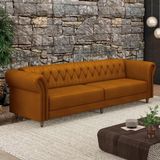 Sofá Living Stanford Chesterfield 3 Lugares 240cm Pés De Madeira Couro Mel G58 Gran Belo