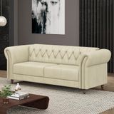 Sofá Living Stanford Chesterfield 2 Lugares 180cm Pés De Madeira Couro Off White G58 Gran Belo