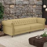 Sofá Living Stanford Chesterfield 3 Lugares 260cm Pés De Madeira Couro Bege G58 Gran Belo