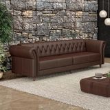 Sofá Living Stanford Chesterfield 3 Lugares 240cm Pés De Madeira Couro Marrom Brilho G58 Gran Belo