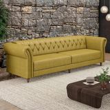 Sofá Living Stanford Chesterfield 3 Lugares 260cm Pés De Madeira Couro Bege Manchado G58 Gran Belo