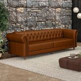 Sofá Living Stanford Chesterfield 3 Lugares 240cm Pés De Madeira Couro Caramelo G58 Gran Belo