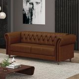 Sofá Living Stanford Chesterfield 2 Lugares 180cm Pés De Madeira Couro Marrom Manchado G58 Gran Belo