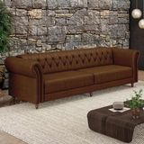 Sofá Living Stanford Chesterfield 3 Lugares 240cm Pés De Madeira Couro Marrom Manchado G58 Gran Belo